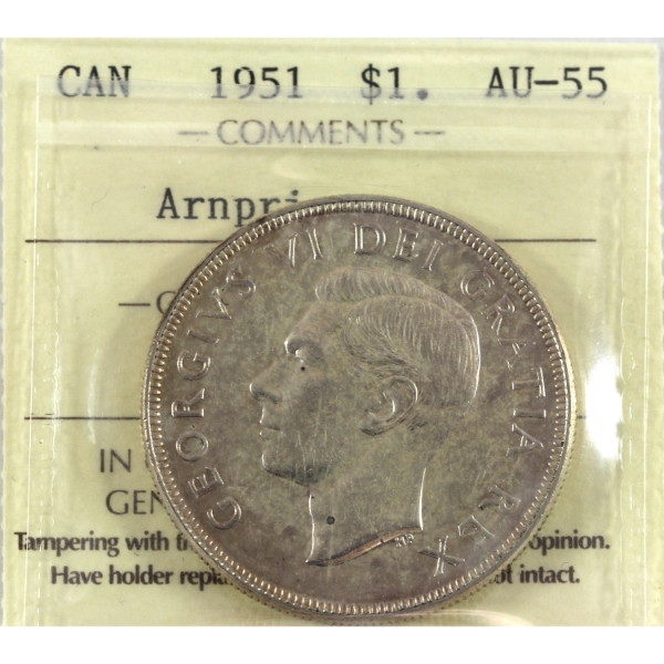 Silver $1 1951 Arnprior ICCS AU55