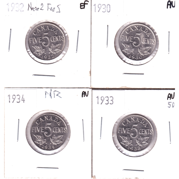 4x 5-cent 1930-1934 EF to AU50. 4pcs.