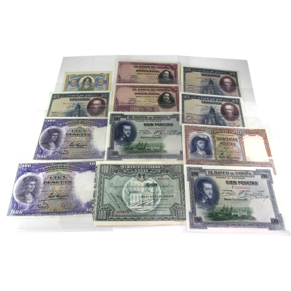 Group Lot of 12x Spain 1925-1938 Mixed Denomination Notes EF to AU. 12pcs.