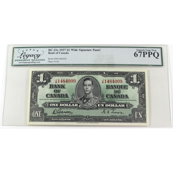 BC-21c 1937 $1 Legacy Superb GEM UNC67 PPQ Gordon-Towers Wide Signature Panel SN: J/M1484009