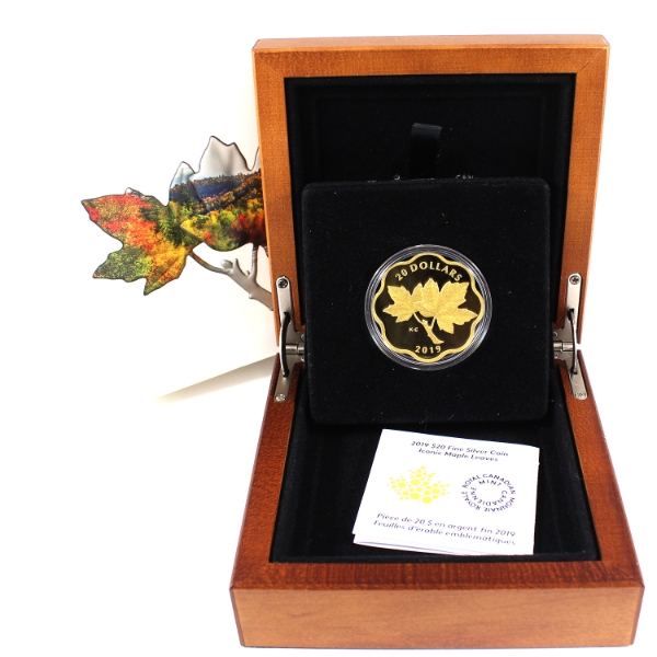 2019 $20 Iconic Maple Leaves Gold Plated 26.51g .9999 Fine Silver Coin (Tax Exempt)