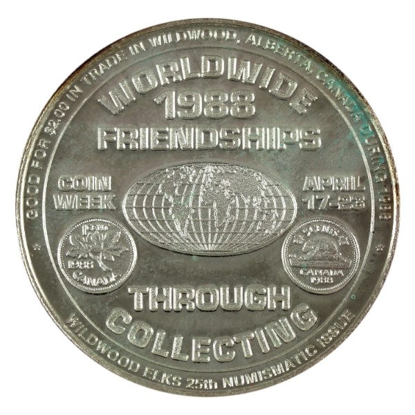 Canada-Wildwood AB 1988 $2 Coin Week/Elk Trade Dollar 1oz-Silver, 38mm (Tax Exempt)