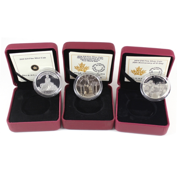 Group Lot of 2010-2014 $10 1/2oz .9999 Fine Silver Coins. 3pcs. (Tax Exempt)