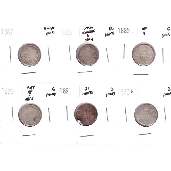 Bulk Lot of 10-cent 1885-1893 AG to G-VG. 6pcs.