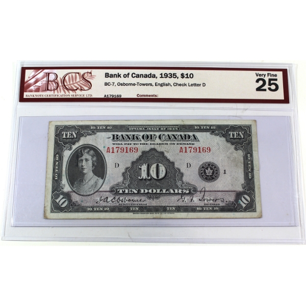 BC-7 1935 $10 English BCS VF25 Osborne-Towers SN: A179169 Check Letter D