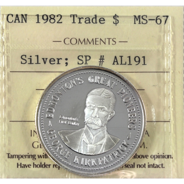 1982 Edmonton Klondike Days Silver Trade Dollar Token: Great Pioneers ICCS MS67