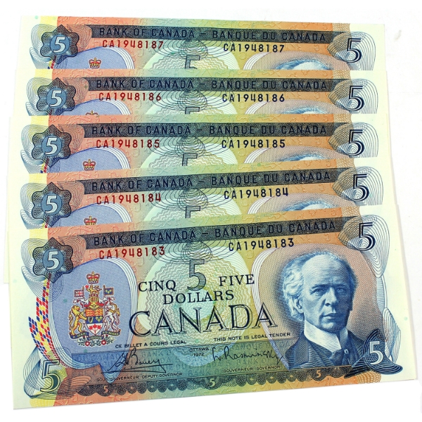 BC-48a 1972 $5 5xConsecutive UNC Bouey-Rasminsky SN: CA1948183 to "187. 5pcs