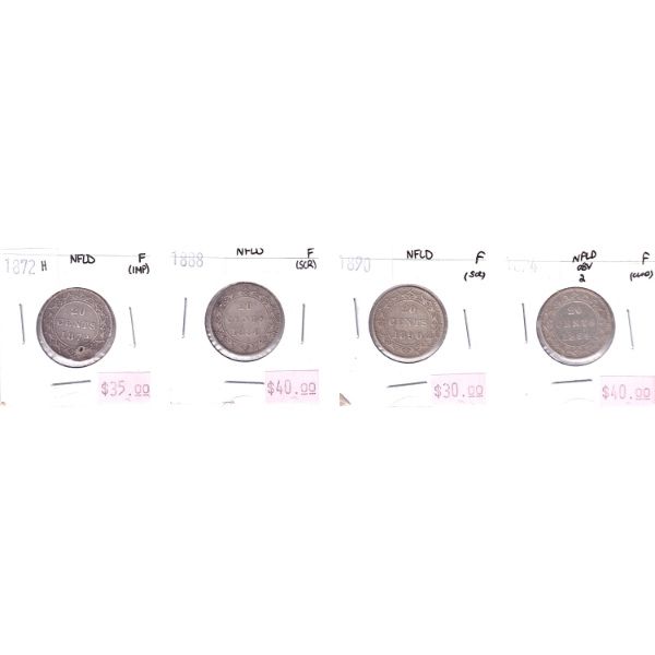 Newfoundland 20-cent 1872H, 1888, 1890 & 1894 Obv 2 All Fine. 4pcs