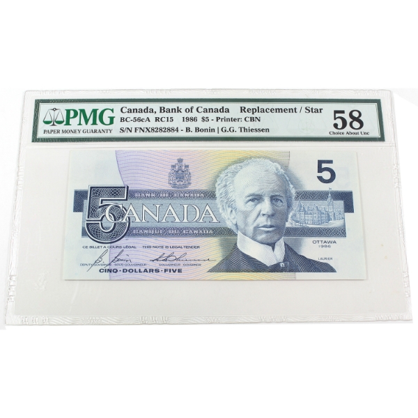 BC-56cA 1986 $5 FNX Replacement PMG Choice AU58 Bonin-Thiessen SN: FNX8282884