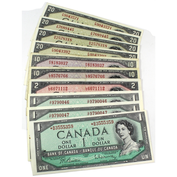 Bulk Lot of Assorted Banknotes 1954 $1-$20. 10pcs.