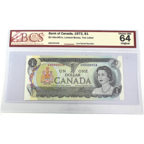 BC-46a-N5-iv 1973 $1 Low SN # GM0000428 BCS CUNC64 Original Lawson-Bouey Two Letter