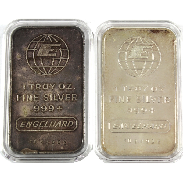 2x 1oz Engelhard c.1981 Wide E Logo at Top of Globe, Portrait .999+ Silver Bars. 2pcs. (Tax Exempt)