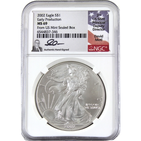 USA Silver 2002 $1 Silver Eagle Early Production .999 Fine Silver Coin NGC MS69 (Tax Exempt)