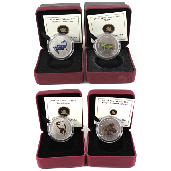 Group Lot of 2012-2014 25-cent Prehistoric Creatures Coins w/ Selective Colour. 4pcs.