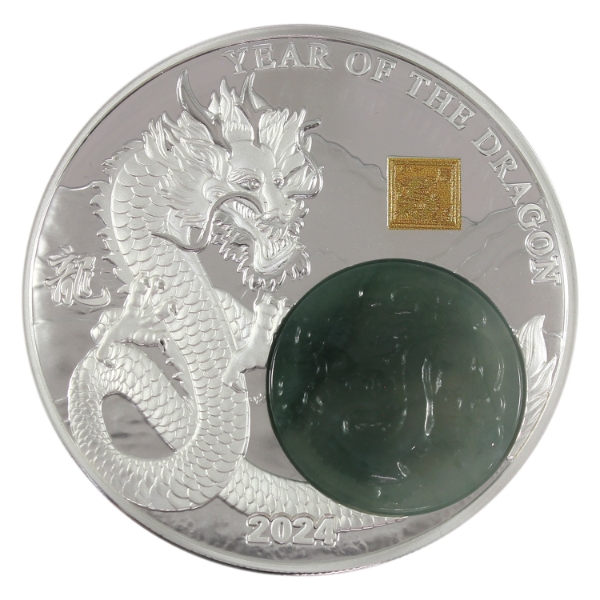 Burundi Silver 2024 25 Francs Year of the Dragon 2oz .999 Fine Silver Coin w/ Real Jade Stone