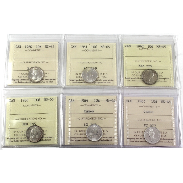 6x 10-cent 1960, 1961, 1962, 1963, 1964 Cameo, & 1965 Cameo ICCS MS65. 6pcs.