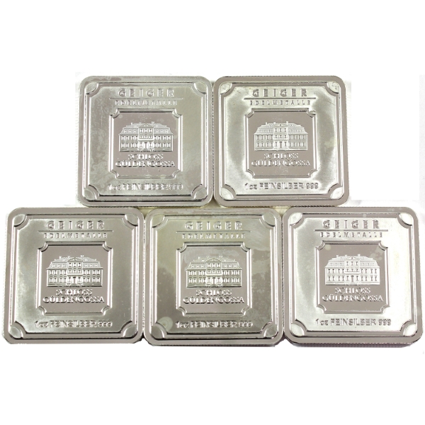 5x 1oz Geiger Edelmetalle.999 Fine Silver Bars. 5pcs. (Tax Exempt)