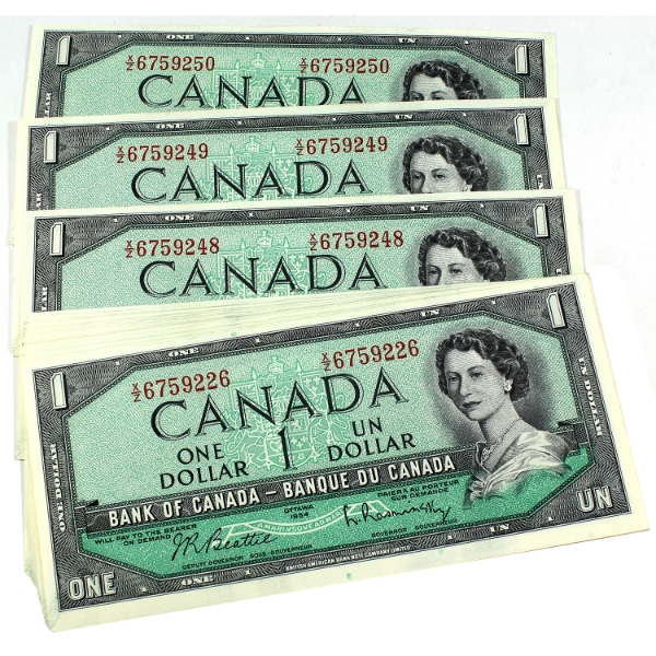 25x BC-37b-i 1954 $1 Modified Portrait Consecutive Beattie-Rasminsky SN: X/Z6759226-"50. 25pcs.