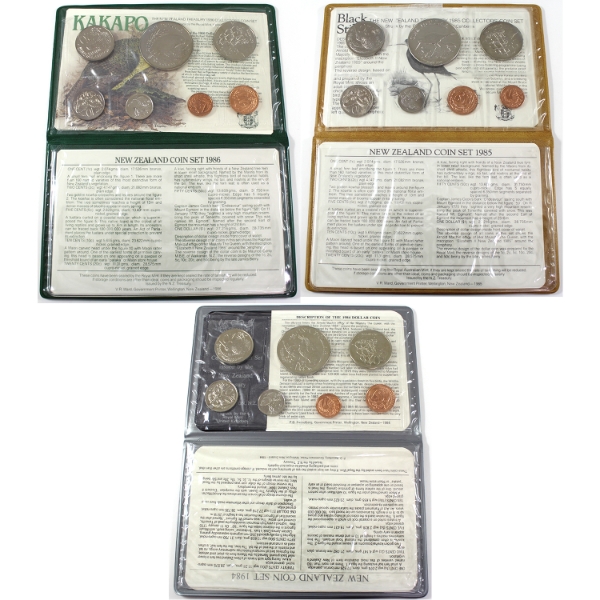New Zealand 1984-1986 7-Coin Uncirculated Sets. 3pcs.