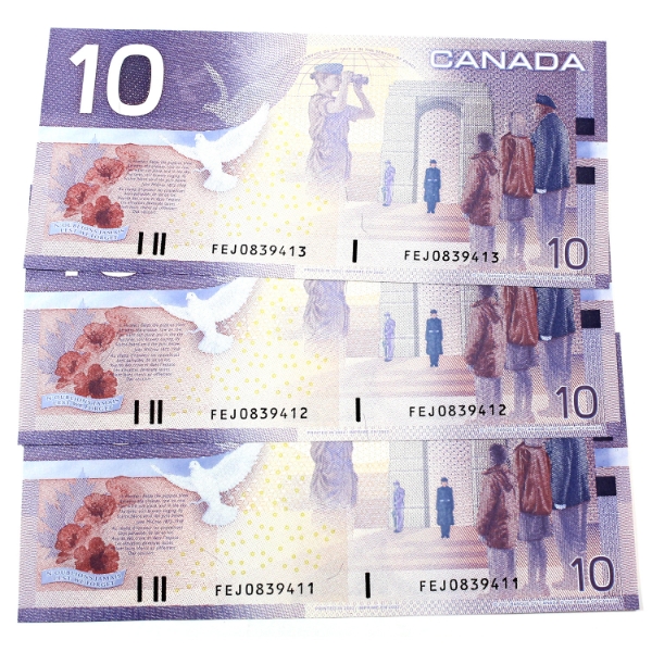 BC-63b 2002 $10 Consecutive UNC or Better Knight-Dodge Banknotes. SN: FEJ0839411-"13. 3pcs.