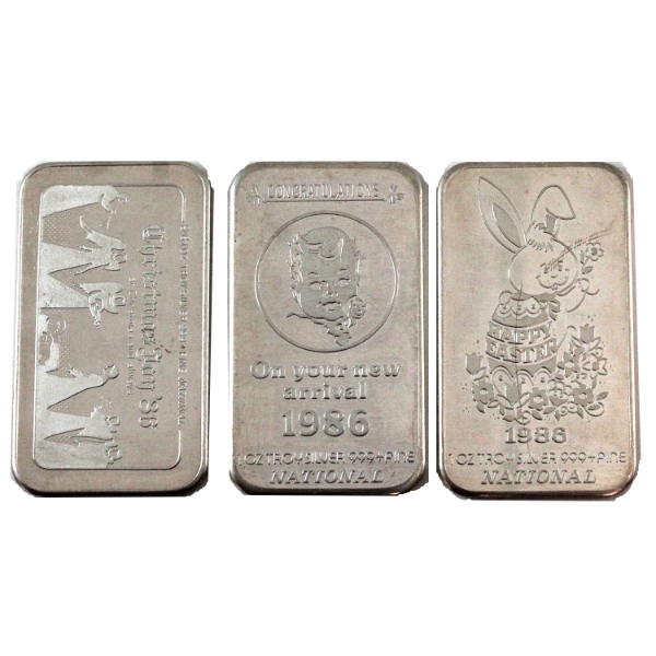 3x 1oz 1986 National .999 Fine Silver Bars. 3pcs. 