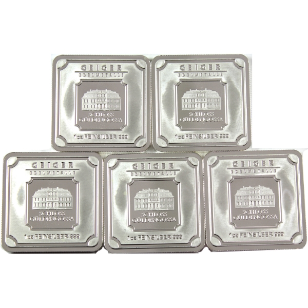 5x 1oz Geiger Edelmetalle Consecutive .999 Fine Silver Bars SN: BV505986-"90. 5pcs. (Tax Exempt)