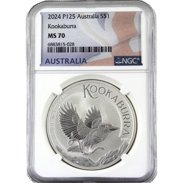 Australia Silver 2024 P125 $1 Kookaburra 1oz .9999 Fine Silver Coin NGC MS70 (Tax Exempt)