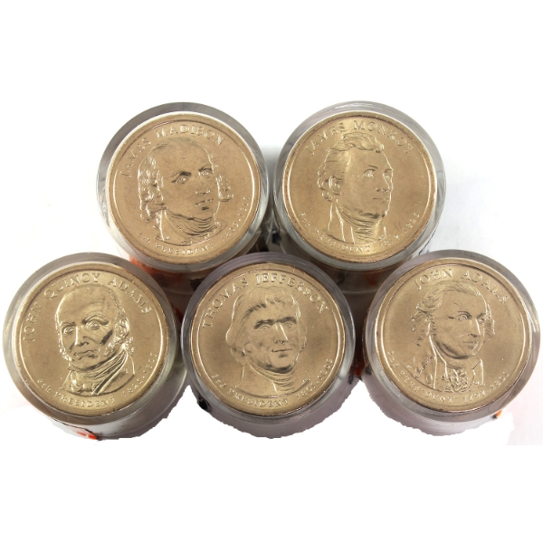 5x USA 2007 & 2008 Uncirculated Gold Plated Presidential Dollar Rolls of 12pcs. 5 Rolls.