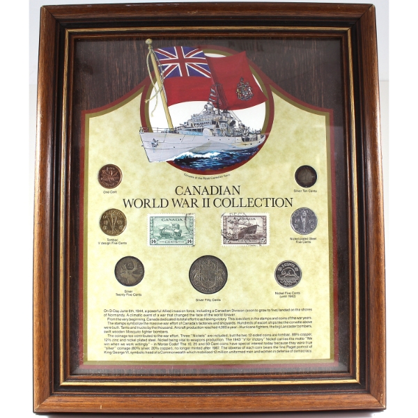Canadian World War II 7-Coin and 2 Stamp Collection in Wooden Frame. 