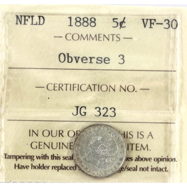 Newfoundland 5-cent 1888 Obverse 3 ICCS VF30