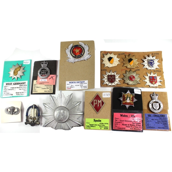 Group Lot of 10x World Military/Police Force Lapel Pins, Cap Badges, & Pins. 10pcs.