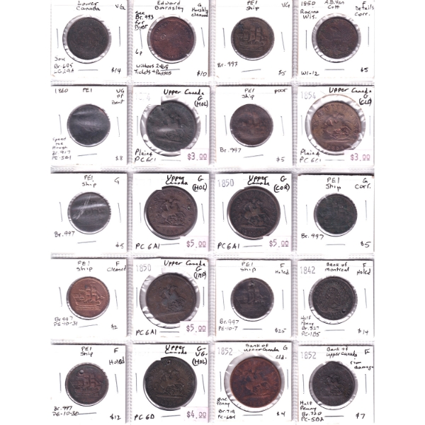 Bulk Lot of 1842-1860 Mostly Bank Tokens Poor to VG in 20-Pocket Sheet. 20pcs.