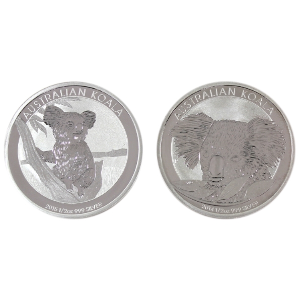 2x 1/2oz Australia 2014 & 2015 50-cent Koala .999 Fine Silver Coins. 2pcs (Tax Exempt)