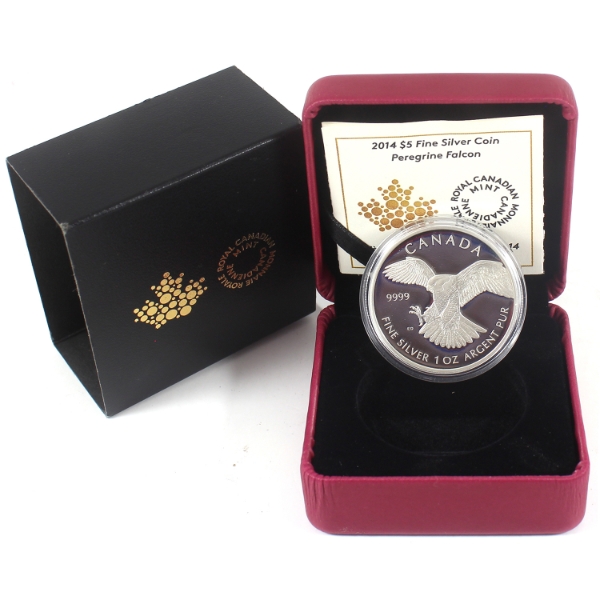 2014 $5 Peregrine Falcon 1oz .9999 Fine Silver Coin (Tax Exempt)