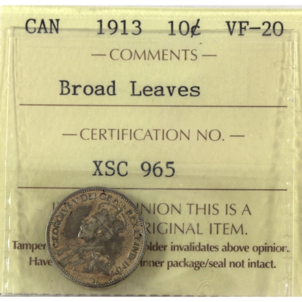 10-cent 1913 Broad Leaves ICCS VF20