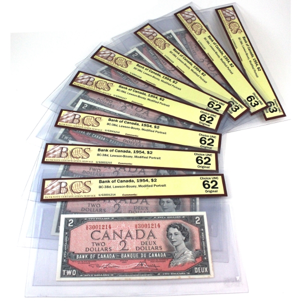 8x BC-38d 1954 $2 Modified Portrait BCS CUNC 62-63 Original Lawson-Bouey Notes in Sequence. 8pcs. 