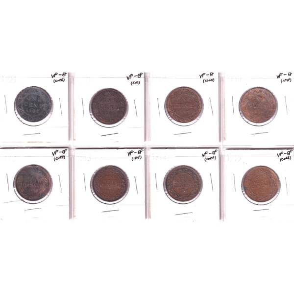 Bulk Collection of 1-cent 1906-1915 VF-EF in 8-Pocket Sheet. 8pcs.