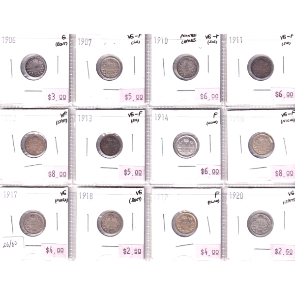 Bulk Lot of 5-cent 1906-1920 in 12-Pocket Sheet G to VF. 12pcs.