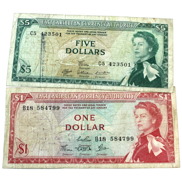 Pair of 1965 East Caribbean States Notes: Pick # 14 $5, Sign 7 & Pick #13c $1, Sign 4 Notes, F-VF. 