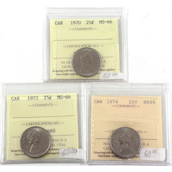 25-cent 1970, 1972 & 1974 ICCS MS66. 3pcs