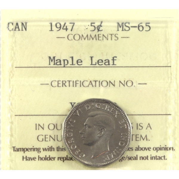 5-cent 1947 Maple Leaf ICCS MS65