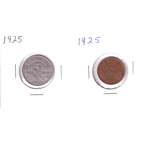1-cent VF30 & 5-cent 1925. 2pcs.