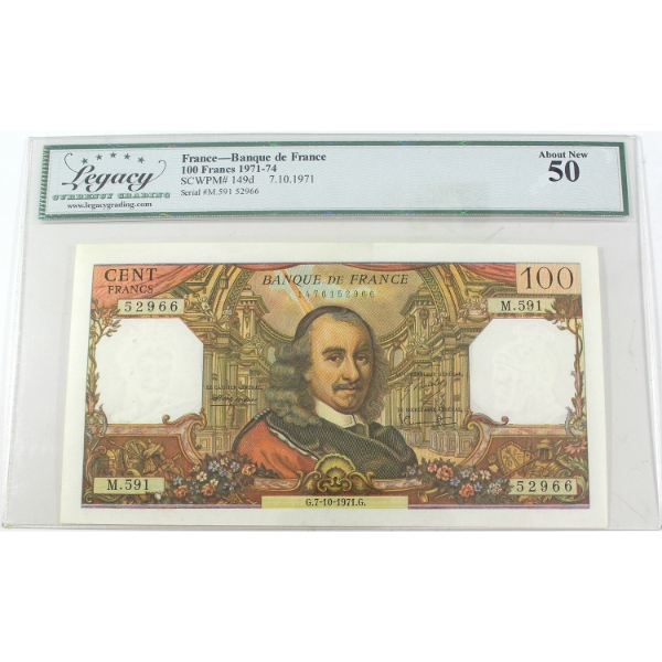 France 1971-74 Pick-149d Banque de France 100 Francs Legacy AU50 SN: M.591 52966