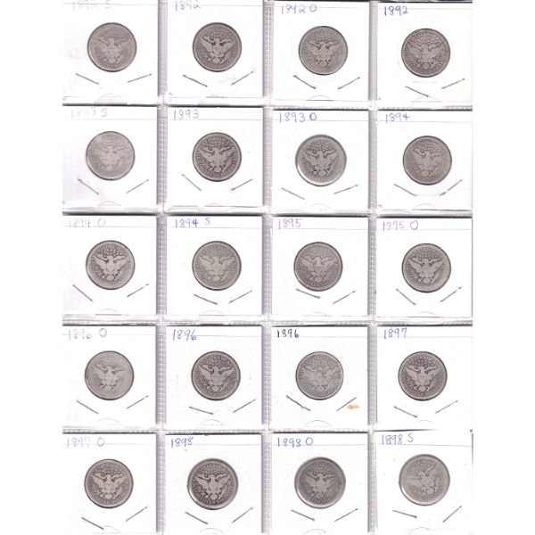 Bulk Collection of USA Quarter Dollars 1892S-1898S in 20-Pocket Sheet. 20pcs.
