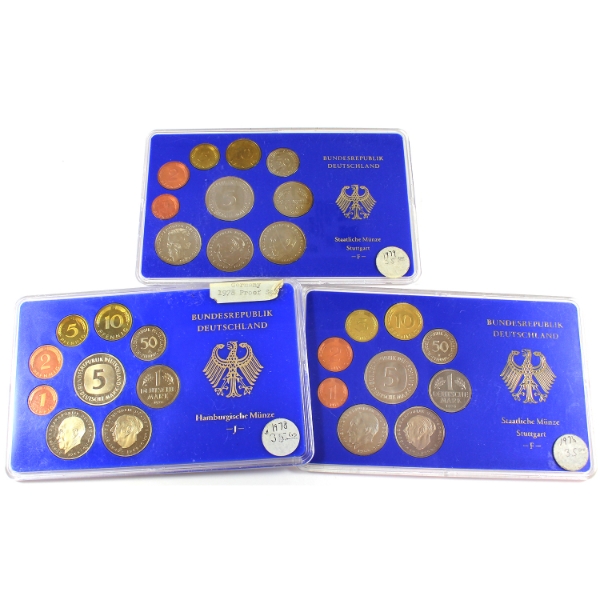 Germany 1976, 1978 & 1979 9 or 10-Coin Proof Sets. 3pcs.