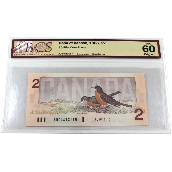 BC-55a 1986 $2 BCS UNC60 Original Crow-Bouey Changeover SN:AUG4613114