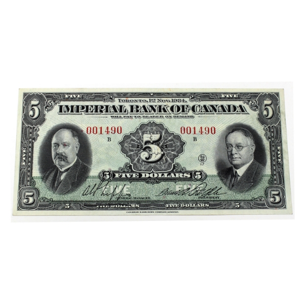 375-22-02 1934 $5 Imperial Bank of Canada VF-EF Phipps-Rolph SN:001490 Check Letter B
