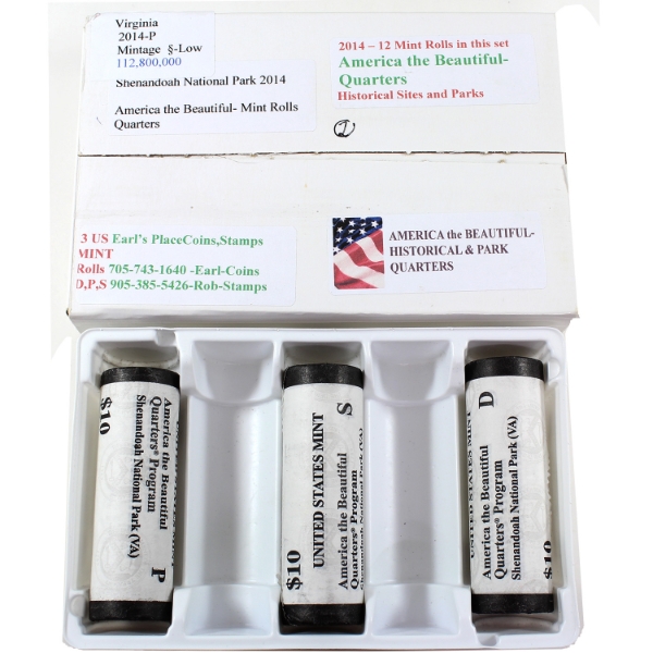USA 2014 Quarter Rolls Shenandoah National Park P, D, & S Mint Mark Special Wrapped Rolls. 3 Rolls.
