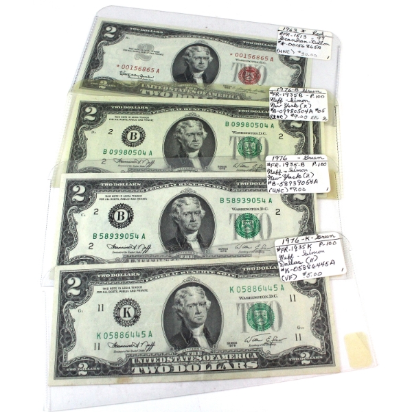 USA $2 1963 UNC Granhan-Dillon (Red) & 3x 1976 VF to UNC Neff-Simon (Green). 4pcs. 