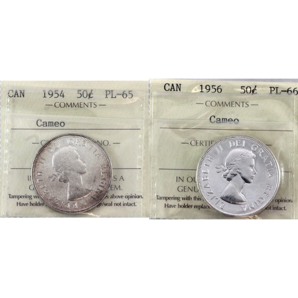 50-cent 1954 PL65 & 1956 PL66 ICCS Cameo. 2pcs